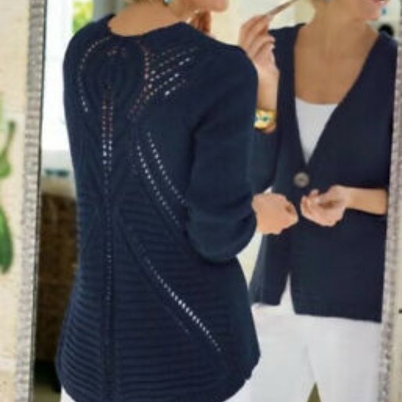 Soft Surroundings Navy Single Button Knit BOHO Cardi Sweater Size Medium - Picture 9 of 10